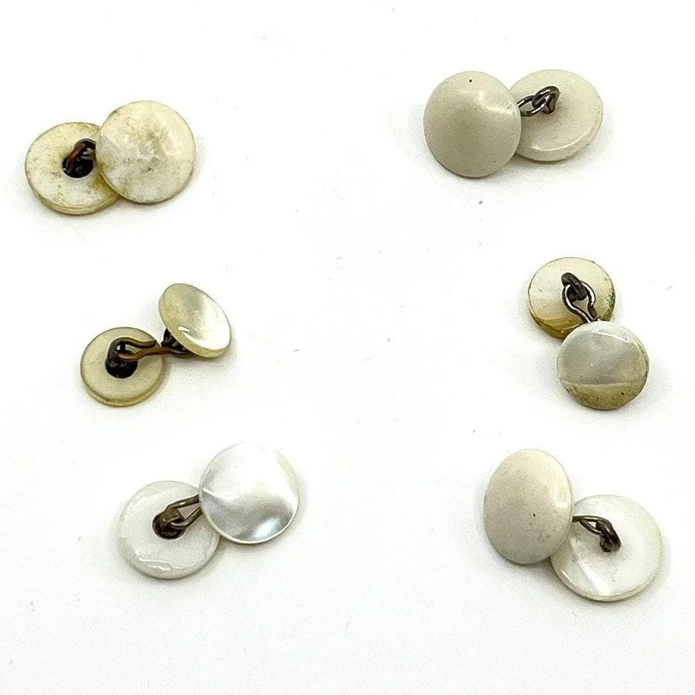 VTG Antique Mother of Pearl Cufflinks Lot Set White Shell Brass Tone Dress Studs